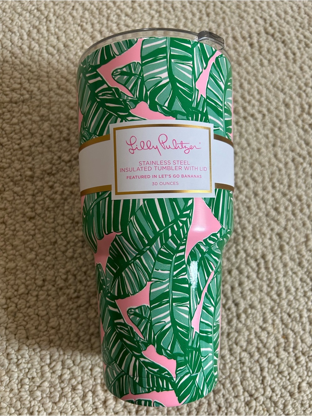 NEW sealed Lilly Pulitzer Pink & Green Palm Leaf Stainless Steel Tumbler